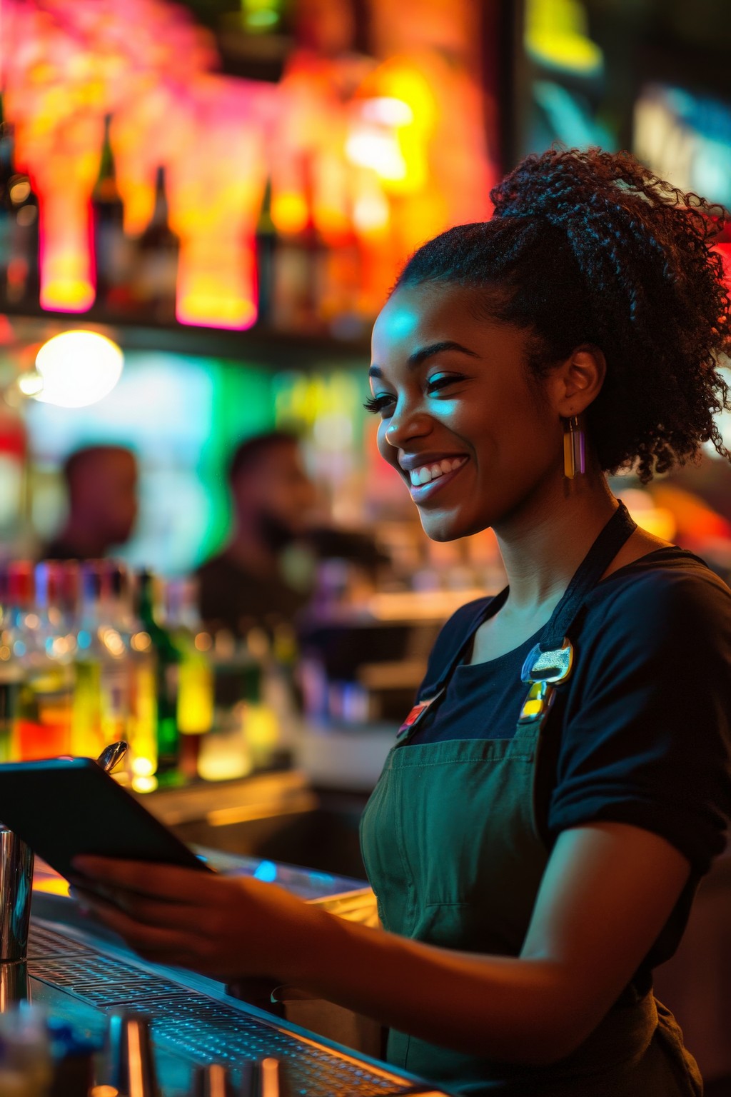 A happy Black waitress, with a warm smile, operates a digital tablet behind a busy bar. The setting A happy Black waitress, with a warm smile, operates a digital tablet behind a busy bar. The setting includes colorful lighting, a variety of drinks, and a lively crowd enjoying their evening.