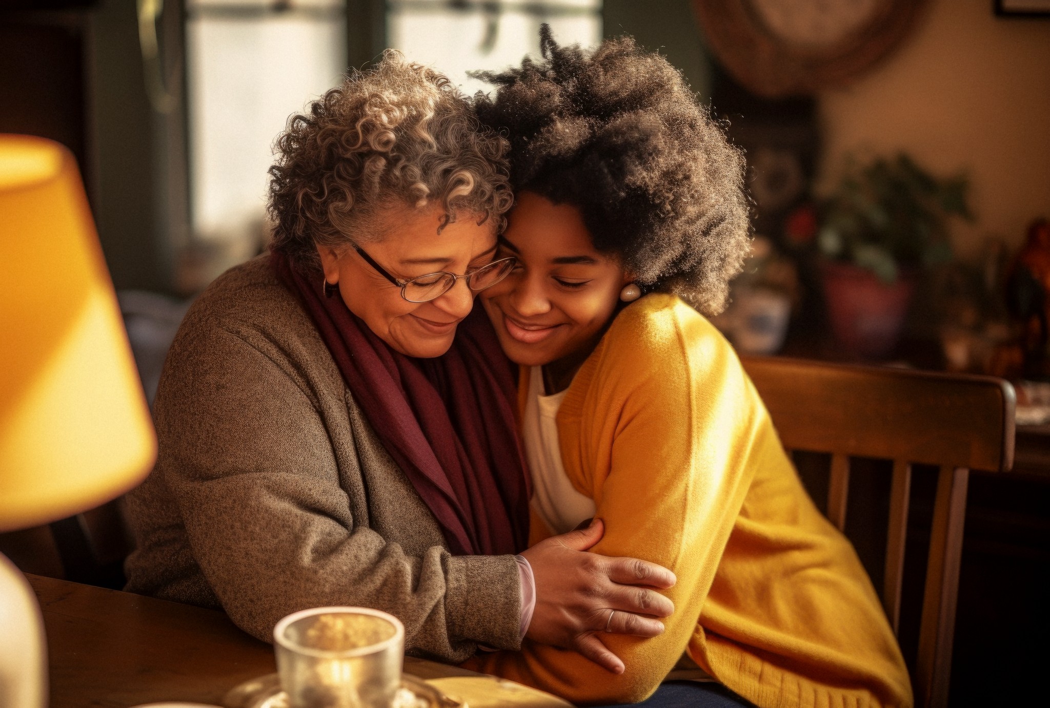 black women sitting at a meeting and hugging each other, in the style of grandparentcore, sopheap pich, soft-focus technique, cottagecore, psychological terror, janet delaney, mommy's on-the-phonecore --ar 76:51 --v 5.2 Job ID: 6cafee1e-174a-4261-86e6-4e93006eae01