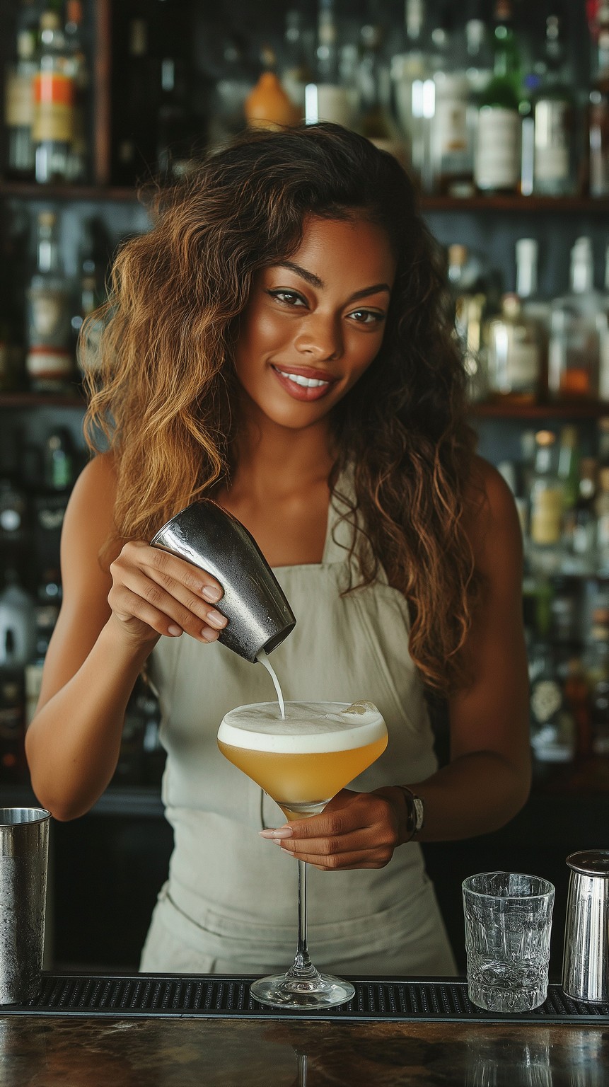 Straining a cocktail from the shaker into the glass by a female A female barmaid pouring a cocktail into a glass from a shaker